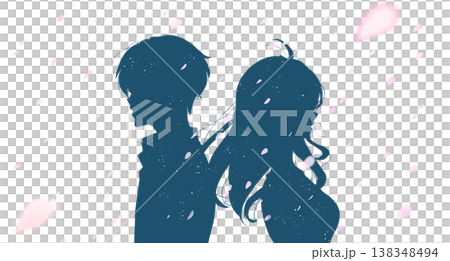 背中合わせの男女　切ない　桜吹雪　シルエット 138348494