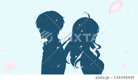 背中合わせの男女 切ない 桜吹雪 シルエット 背中合わせの男女 切ない 桜吹雪 シルエット 138348495