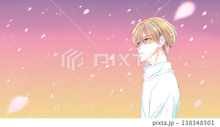 穏やかな表情の男性 桜吹雪 桜吹雪 夕暮れ 穏やかな表情の男性 桜吹雪 桜吹雪 夕暮れ 138348501