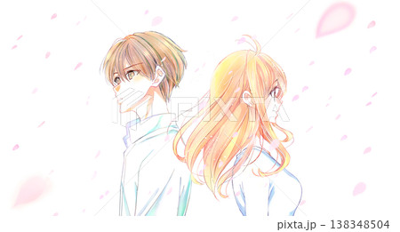 背中合わせの男女　切ない　桜吹雪 138348504