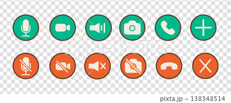 Retro 90s phone call interface icons for mobile communication. Concept of digital conversation, notification alerts, audio video chat, and vintage technology. Flat colored outline vector illustration. 138348514
