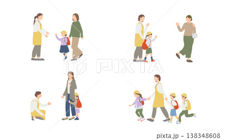 保育園の送迎と引き渡しシーン 親子と先生のやり取りイラストセット 138348608