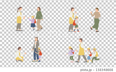 保育園の送迎と引き渡しシーン 親子と先生のやり取りイラストセット 138348608