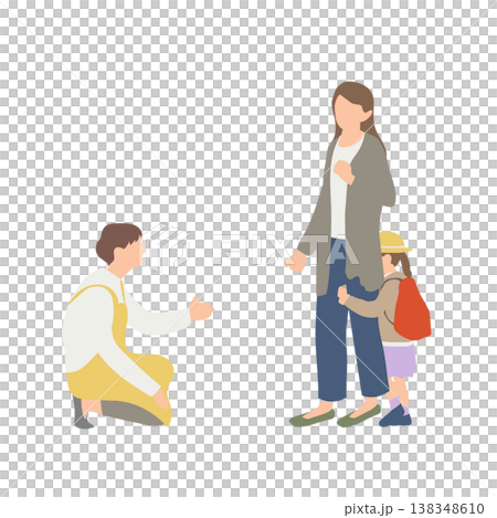 插圖描繪了孩子在托兒所與父母分離後感到焦慮的情景（去托兒所、接送、分離焦慮） 138348610