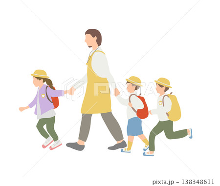 保育園で先生と一緒に歩く子どもの人物イラスト（登園後・通園・安心） 138348611