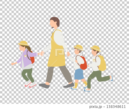 保育園で先生と一緒に歩く子どもの人物イラスト（登園後・通園・安心） 138348611