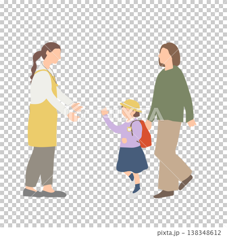 插圖描繪了家長和孩子在托兒所接送時將孩子交給老師的情景（去托兒所/托兒所）。 138348612