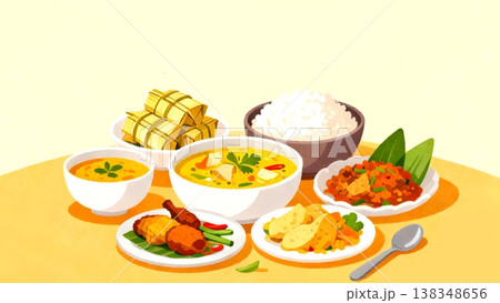 Colorful Southeast Asian cuisine illustration with rice, curries, and traditional dishes, showcasing cultural richness and appetizing variety.   138348656