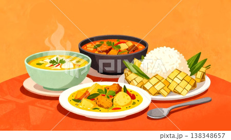 Colorful Southeast Asian cuisine illustration with rice, curries, and traditional dishes, showcasing cultural richness and appetizing variety. Colorful Southeast Asian cuisine illustration with rice, curries, and traditional dishes, showcasing cultural richness and appetizing variety. 138348657