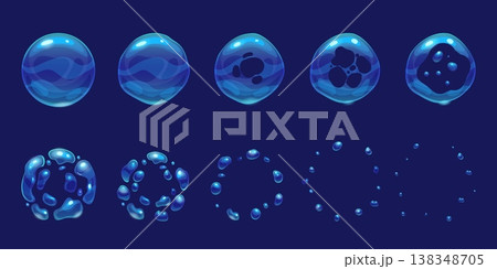 Soap bubble animation. Foam bubbles explosion, animated water ball burst sequence explode liquid sphere splash effect sprite sheet circle cartoon game ingenious vector illustration 138348705