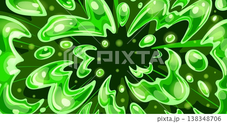 Green liquid explosion. Slime water blast manga effect, cartoon radioactive nuclear waste splash poison energy burst anime comic boom game background ingenious vector illustration 138348706