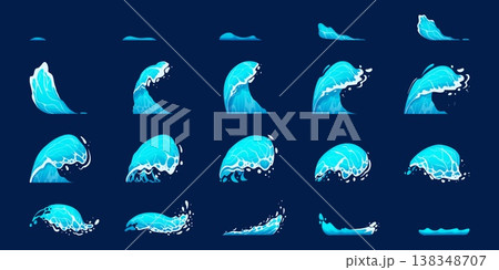 Wave splash animation. Sea water waves splashes sprite sheet sequence frame, ocean energy liquid foam motion fx ripple drops splatter aqua burst game ingenious vector illustration 138348707
