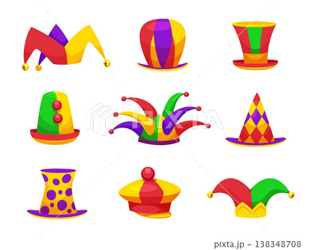 Clown hats. Carnival hat, circus jester cap harlequin crown funny buffoon costume fool silly mask crazy fun comic joke humor headwear, cartoon set qualitative vector illustration 138348708