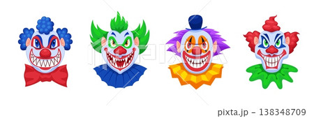 Evil clowns. Scary clown head, halloween spooky joker creepy jester horror characters killer vampire crazy smile with teeth face makeup, cartoon qualitative vector illustration Evil clowns. Scary clown head, halloween spooky joker creepy jester horror characters killer vampire crazy smile with teeth face makeup, cartoon qualitative vector illustration 138348709