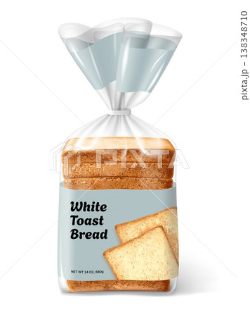 Realistic bread package. Bread loaf cut toast in bopp transparent pouch plastic clip 3d mockup, polythene wrapper bag pack emblem bakery product design garish vector illustration 138348710