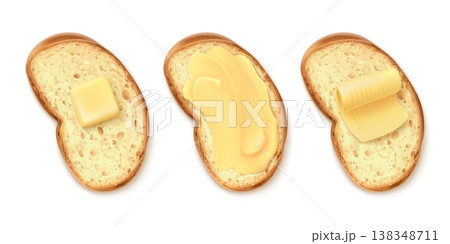 Realistic butter on bread. Sandwich toast with margarine slice, 3d melt spread curl slices on crumb toasts piece top view creamy oil food 3d isolated garish vector illustration 138348711