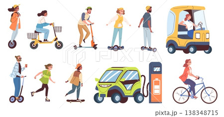 People eco transport. Man woman ride on electric car, bike scooter segway skateboard bicycle riders drivers clean energy healthy city life characters, classy vector illustration 138348715