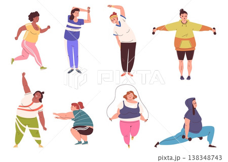 Obese woman exercises. Fat overweight women exercise yoga sport workout, plus size body positive chubby girl fitness gym training aerobic home pilates classy vector illustration Obese woman exercises. Fat overweight women exercise yoga sport workout, plus size body positive chubby girl fitness gym training aerobic home pilates classy vector illustration 138348743