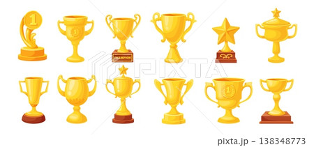 Different trophy cups. Win competition golden goblets shape, winner award prize champion success achievement shelf sport game triumph gold bowl trophies neat vector illustration Different trophy cups. Win competition golden goblets shape, winner award prize champion success achievement shelf sport game triumph gold bowl trophies neat vector illustration 138348773