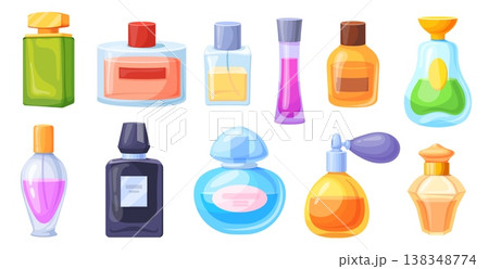 Cartoon perfume bottles. Fragrance bottle, cologne spray flask luxury scent parfum aromatherapy vintage vial pump woman man perfumery fashion cosmetic set neat vector illustration 138348774