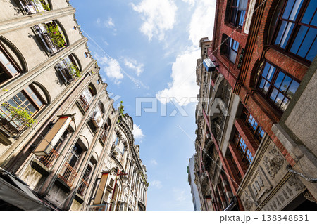 Low-angle view of old buildings in Dihua Street of Wanhua, Taipei City, Taiwan.  138348831