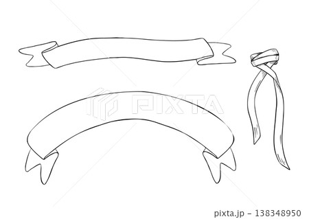 Black white vector set of decorative empty ribbons and bow. Hand drawn ink sketch element for invitation border, label frame, greeting card, banner design graphic. Ribbon with place for text. 138348950