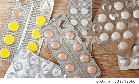 Close-up Blister Packs With Tablets. Healthcare And Pharmaceutical Background Concept. Close-up Blister Packs With Tablets. Healthcare And Pharmaceutical Background Concept. 138348966