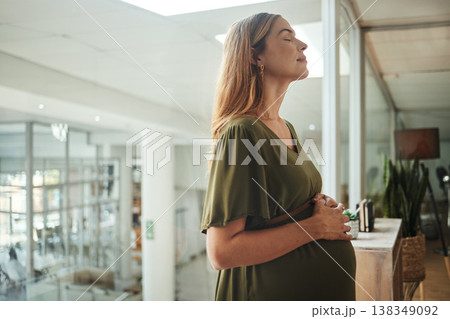 Woman, relax or pregnant stomach in office break in breathing meditation in company workplace. Belly, calm employee or mom in pregnancy in career, work and job with peace, affection and care for baby Woman, relax or pregnant stomach in office break in breathing meditation in company workplace. Belly, calm employee or mom in pregnancy in career, work and job with peace, affection and care for baby 138349092
