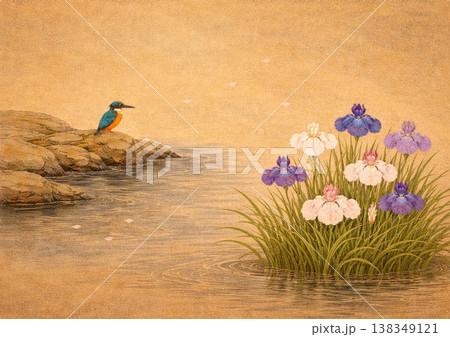 川辺の翡翠と花菖蒲 138349121