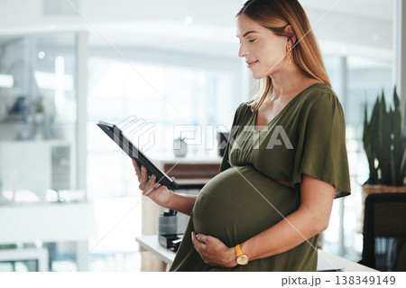 Tablet, smile and pregnant business woman in office reading research information on internet. Maternity, happy and female designer from Canada with pregnancy work on digital technology in workplace. Tablet, smile and pregnant business woman in office reading research information on internet. Maternity, happy and female designer from Canada with pregnancy work on digital technology in workplace. 138349149
