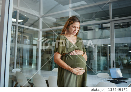 Worker, thinking or pregnant stomach in office break in breathing meditation in company workplace. Belly, woman or mom in pregnancy in career, work and job with peace, affection and care for baby 138349172
