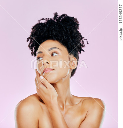 Thinking, beauty and woman with natural cosmetic aesthetic isolated in studio pink background for wellness. Face, skincare and young person with dermatology facial treatment for clean and smooth skin 138349257