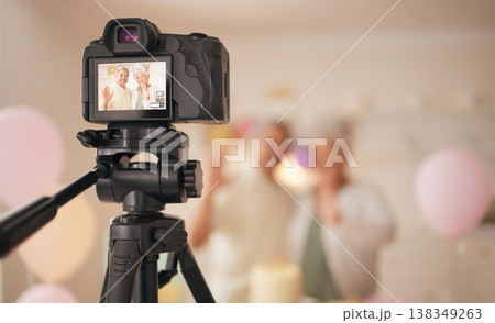 Camera, senior couple vlog and screen at home for birthday party of marriage anniversary in retirement, Home, event and people with love and zoon for care, support and bonding in a house with photo Camera, senior couple vlog and screen at home for birthday party of marriage anniversary in retirement, Home, event and people with love and zoon for care, support and bonding in a house with photo 138349263