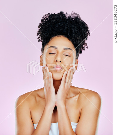 Skincare, beauty and woman kiss for cosmetic aesthetic isolated in a studio pink background for wellness. Face, natural an young person with dermatology facial treatment for clean and smooth skin 138349272
