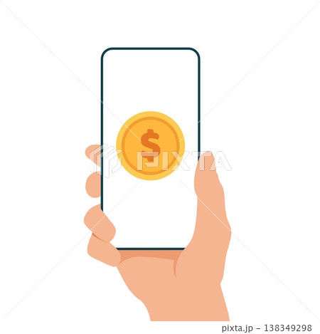 Online payment concept with hand holding smartphone and coin icon displayed on screen, digital transaction and mobile banking illustration for ecommerce, fintech apps, contactless payment, and Online payment concept with hand holding smartphone and coin icon displayed on screen, digital transaction and mobile banking illustration for ecommerce, fintech apps, contactless payment, and 138349298