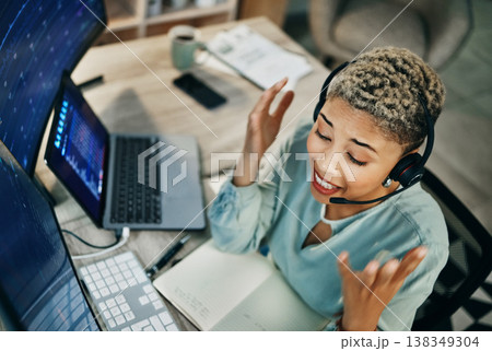 Woman, online trading and call center, computer and finance with advice, top view and excited or data about investment. Headset, mic and business with laptop, agent at desk with stock market 138349304