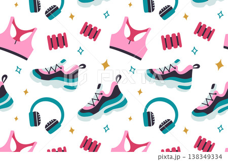 Bright fitness seamless pattern with sneakers, women top, hand weights and headphones. Workout accessories and activewear, sport and healthy lifestyle flat cartoon vector illustration 138349334