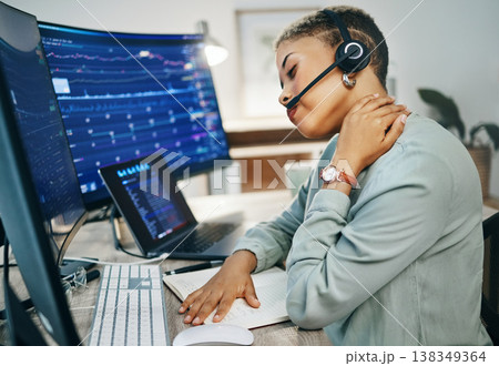 Neck pain, call center and woman doing trading with stress, fatigue and stock market in office. Burnout, tired and telemarketing employee with pressure for finance crisis, error or frustrated Neck pain, call center and woman doing trading with stress, fatigue and stock market in office. Burnout, tired and telemarketing employee with pressure for finance crisis, error or frustrated 138349364