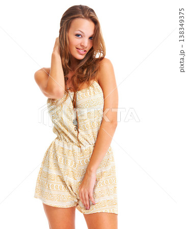 Portrait, young woman and smile in flirt pose with summer clothes, tan skin and aesthetic. Caucasian model, skincare and redhead with fashion for creative designer and white background in studio Portrait, young woman and smile in flirt pose with summer clothes, tan skin and aesthetic. Caucasian model, skincare and redhead with fashion for creative designer and white background in studio 138349375