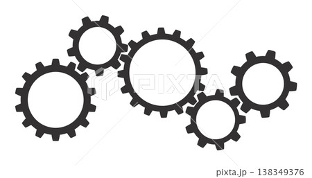 Gears cogwheel group flat illustration isolated on white background, mechanical engineering concept symbolizing teamwork, process, industry, automation, settings, and technology systems. Vector 138349376