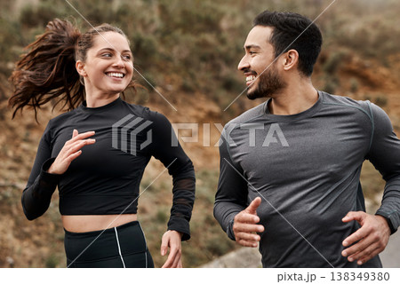Running, fitness and team or couple in nature for runner club, health and workout partner. Coaching, exercise and support with man and woman outdoor for cardio, training and commitment together 138349380