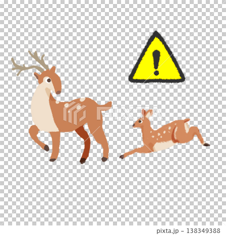 注意マーク付き 鹿の親子イラスト 動物注意・交通安全のシンプル素材 注意マーク付き 鹿の親子イラスト 動物注意・交通安全のシンプル素材 138349388