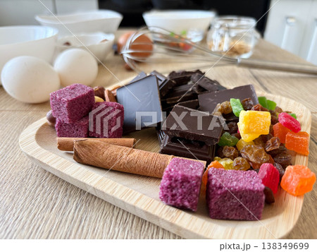 dried fruits, cinnamon, chocolate and lavender sugar for holiday baking 138349699