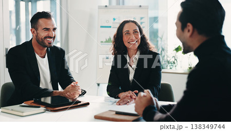 Recruitment, meeting or business people with questions in office, finance agency or hiring process. Smile, talk or hr management team with candidate for job interview, analyst vacancy or headhunting Recruitment, meeting or business people with questions in office, finance agency or hiring process. Smile, talk or hr management team with candidate for job interview, analyst vacancy or headhunting 138349744