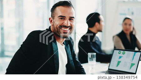 Business, laptop screen and portrait of financial man in boardroom for meeting or teamwork. Computer, data and smile of happy finance employee in corporate workplace for review of charts or graphs Business, laptop screen and portrait of financial man in boardroom for meeting or teamwork. Computer, data and smile of happy finance employee in corporate workplace for review of charts or graphs 138349754