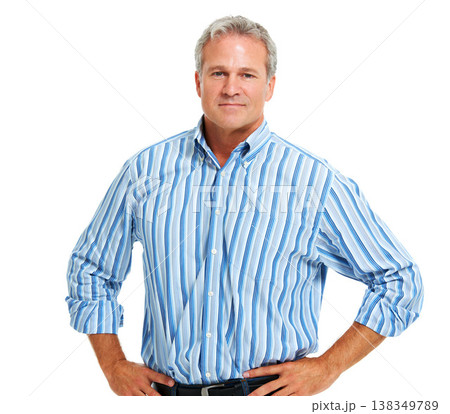 Man, confidence and portrait in studio for fashion or style, designer or shirt trend. Male model person, face and proud for trendy outfit, casual clothes or good mood on white background in Canada Man, confidence and portrait in studio for fashion or style, designer or shirt trend. Male model person, face and proud for trendy outfit, casual clothes or good mood on white background in Canada 138349789