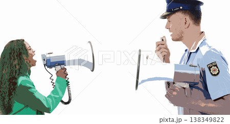 Justice man, megaphone or police officer speech for service announcement, legal law or studio crime. Safety profile, security communication speaker or talking hero isolated on mockup white background 138349822