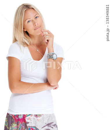 Woman, thinking and finger chin portrait studio for question information, decision or watch. Female model person, natural face an thoughts brainstorming mockup, solution or idea problem solving Woman, thinking and finger chin portrait studio for question information, decision or watch. Female model person, natural face an thoughts brainstorming mockup, solution or idea problem solving 138349881