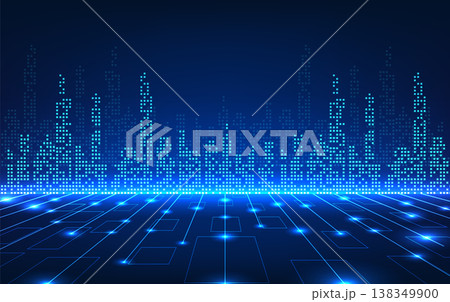 Smart city technology Pixel style city The front has technology circuit lines. Smart City concept technology is a city that focuses on improving service systems to make people more comfortable. 138349900