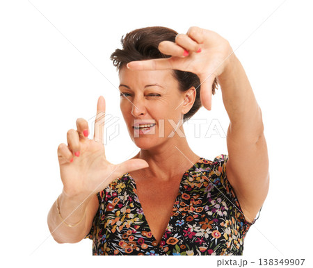 Woman, face frame and photography studio for creative fun, capture or planning. Female model person, hand gesture sign and emoji wink for perspective inspiration, art idea or camera zoom check Woman, face frame and photography studio for creative fun, capture or planning. Female model person, hand gesture sign and emoji wink for perspective inspiration, art idea or camera zoom check 138349907